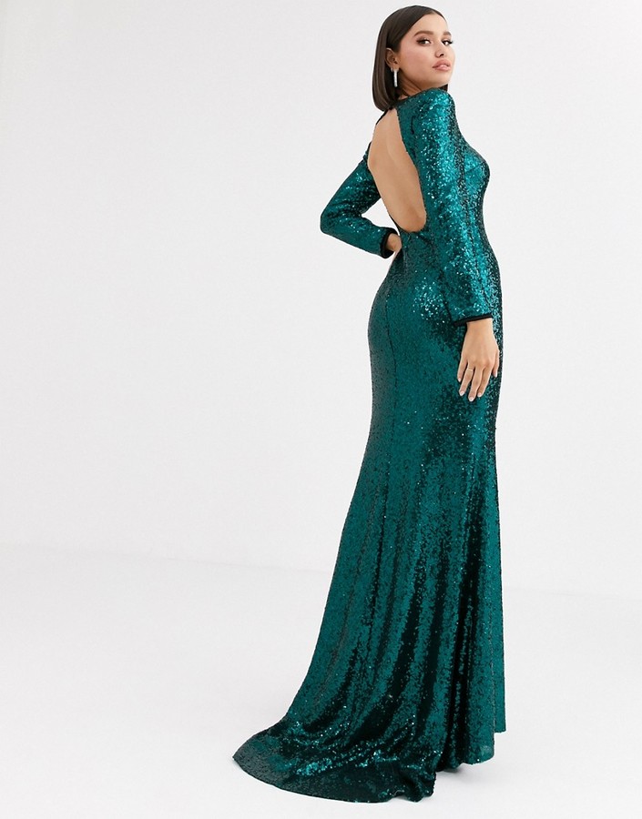 Club L London sequin open back fishtail maxi dress in emerald green -  ShopStyle