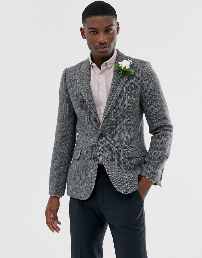 ASOS DESIGN Harris Tweed slim blazer with wool herringbone in grey ...