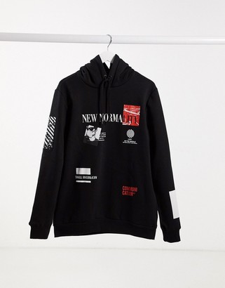 Bershka hoodie with front print in black - ShopStyle
