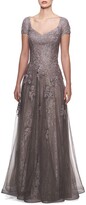 Thumbnail for your product : La Femme V-Neck Cap-Sleeve Tulle & Lace A-Line Gown