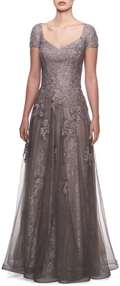 La Femme V-Neck Cap-Sleeve Tulle & Lace A-Line Gown