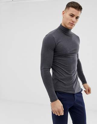ASOS Design DESIGN muscle fit long sleeve t-shirt with roll neck in charcoal marl