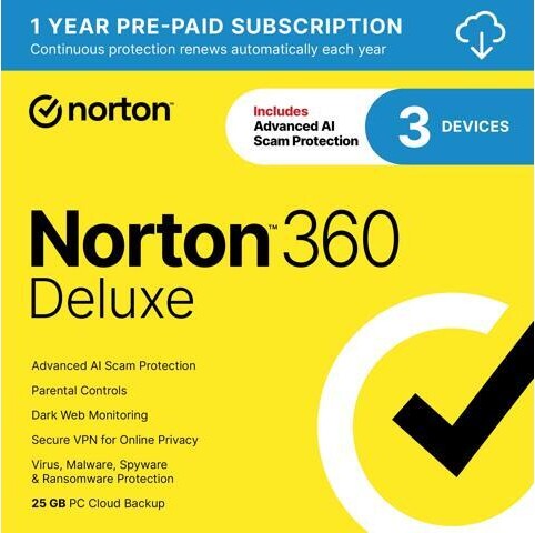 Norton Co. 360 Deluxe 2026, Antivirus software for 3 Devices with Auto-Renewal - Includes Advanced AI Scam Protection, VPN & PC Cloud Backup [Download]