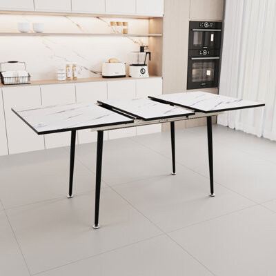 Modern 47"-63" Expandable Dining Table And Chair With Thick Cushions Slip Pads 2-6 Person : Comfortable Pu Chairs, Elegant Black Metal Legs, Easy To C