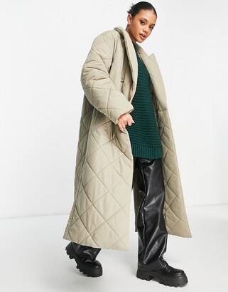 NA-KD double breasted quilted coat in light khaki