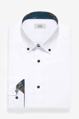 Next Mens White Cotton Textured Slim Fit Button Down Trim Detailed Shirt - White
