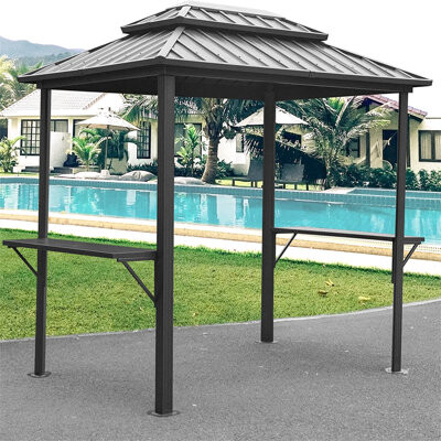 Arlmont & Co. Metal Grill Gazebo For Outdoor Enjoyment - 2 Shelves And Double Roof Design (grey 8' × 6' With Aluminum Frame & Patio Lawn Deck Backyard Garden