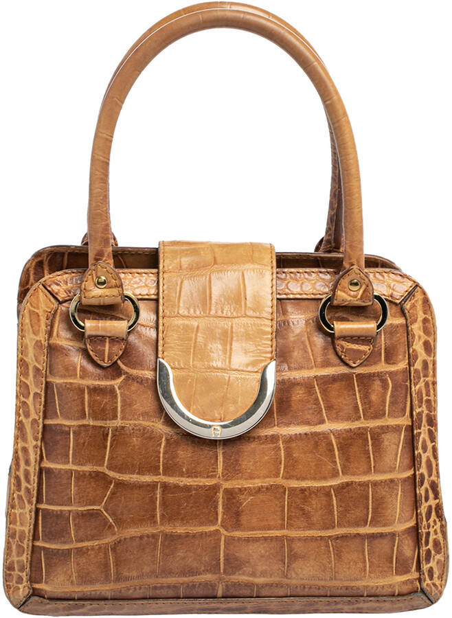 Aigner Brown Croc Embossed Leather Flap Satchel - ShopStyle