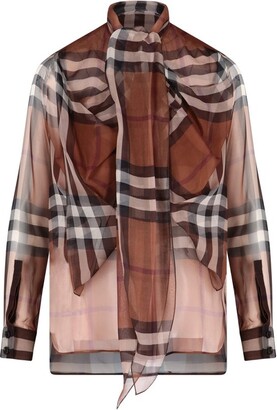 Burberry Check Printed Chiffon Pussy-Bow Blouse