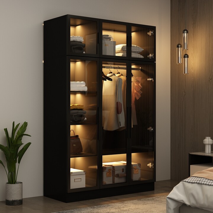 FAMAPY Glass Door Wardrobe Armoire Storage Closet with Light Display