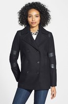 Thumbnail for your product : DKNY Faux Leather Trim Wool Blend Peacoat