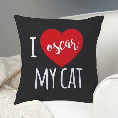 CPS I Love My Cat 14-Inch Throw Pillow With Custom Pet Name Printed On Black Square Removable Cover | Decorative Accent For Chair, Sofa, Couch, Living Roo