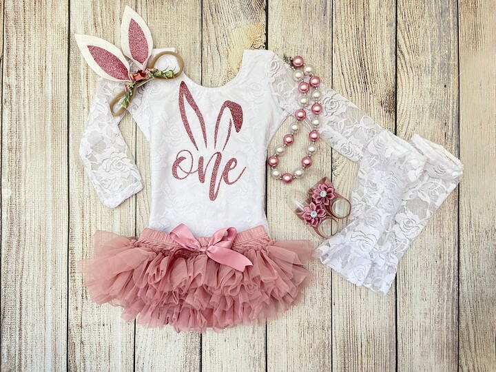 Easter First Birthday Outfit - Baby Girl Bunny in Rose Gold & Dusty Pink/Mauve Photos Ears Headband