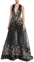 Thumbnail for your product : Elie Saab Deep-V Sleeveless Floral-Jacquard Fil Coupe Evening Gown