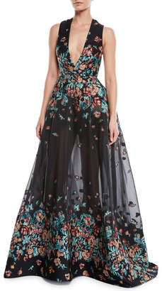 Elie Saab Deep-V Sleeveless Floral-Jacquard Fil Coupe Evening Gown