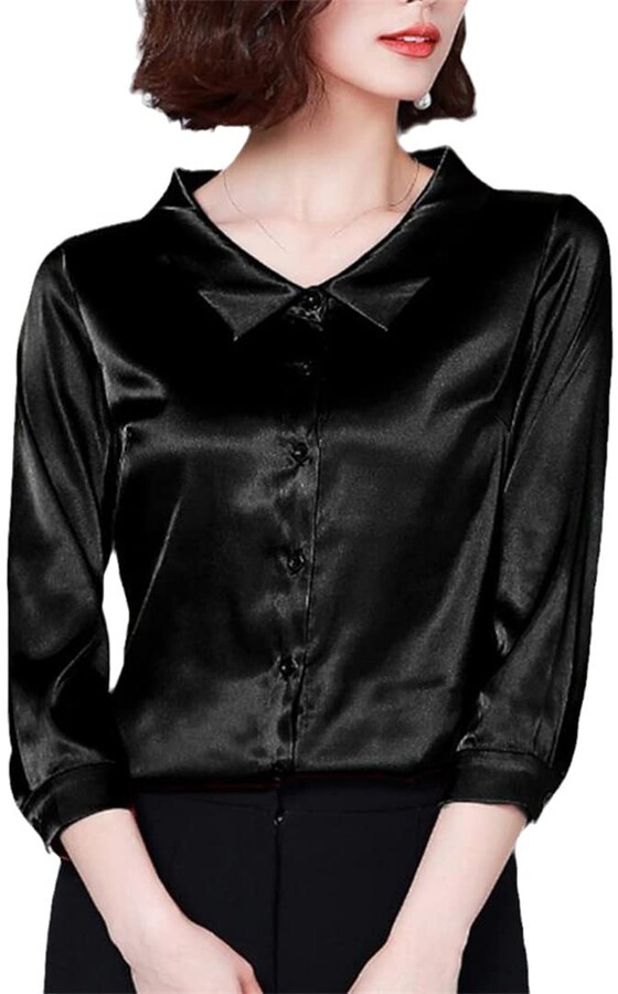 KMMBBTY Womens Button Down Shirt Short Sleeve V Neck Business Blouse for  Work Office Satin Silk Shirts 05 M - ShopStyle Tops