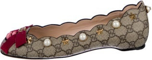 Gucci Ballet Flats Neutrals Faux Pearl Accents, GG Supreme, Double G Logo & Interlocking G Logo Scalloped, Embroidered, Studded & Bow Accents Round-Toes Includes Box & Dust Bag Designer