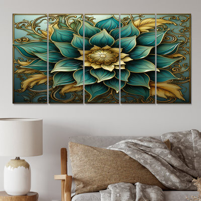 Rosdorf Park Ancient Magical Flower Mandala In Vintage - Boho Mandala Canvas Wall Art - 5 Equal Panels