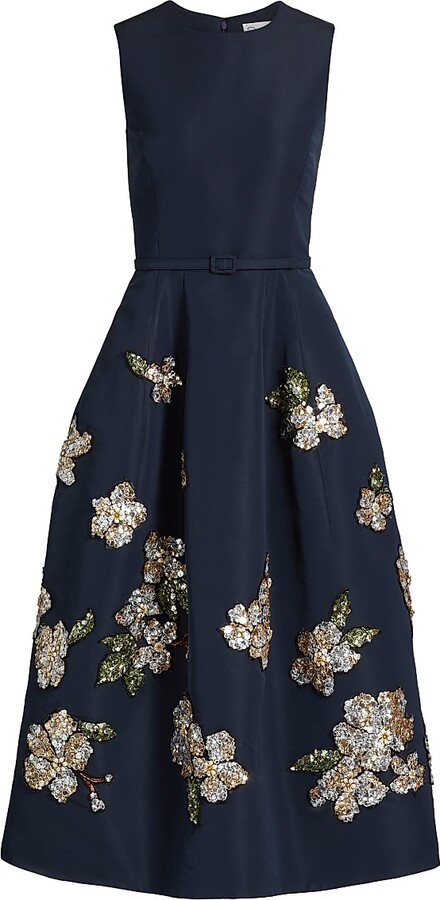 Women's Sequin-Embellished Floral Belted Cocktail Dress - Navy - Size 4