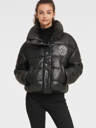 DKNY Women's Token Logo Faux Leather Puffer - Black - Size M - ShopStyle