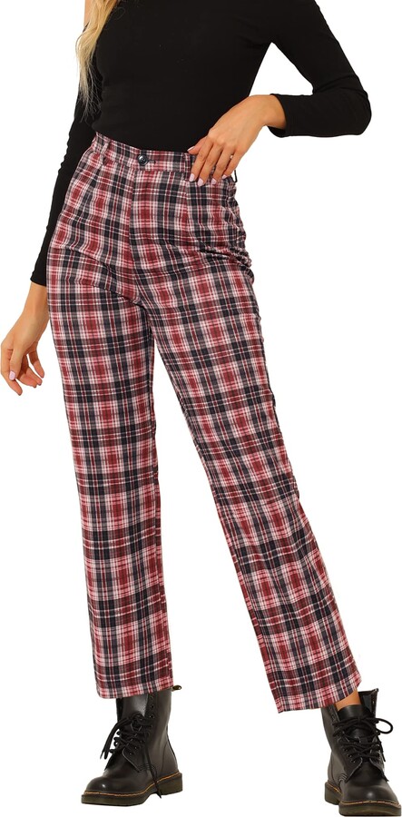 Allegra K Women's Work Trousers High Waist Plaid Tartan Check Button  Straight Leg Casual Pants Red M - ShopStyle