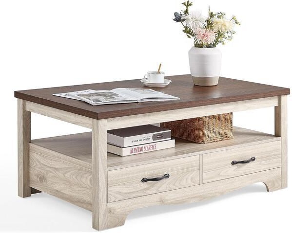 VINIUSIKI LINSY HOME Farmhouse Coffee Table with Storage, Wood Coffee Table for Living Room, Open Display Area and Storage Drawers with Metal Handles, Chic...