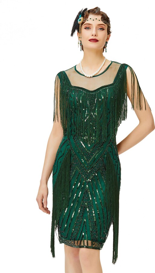 BABEYOND 1920s Gatsby Dress Long Fringe Flapper Dress Roaring 20s Sequins  Beaded Dress Vintage Art Deco Dress - Green - XX-Large - ShopStyle