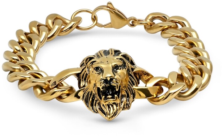 STEELTIME Men's 18k Gold Plated Stainless Steel Lion Head Chain Link Bracelet