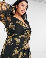 Thumbnail for your product : ASOS DESIGN Curve wrap waist midi dress with double layer skirt and long sleeve in floral print