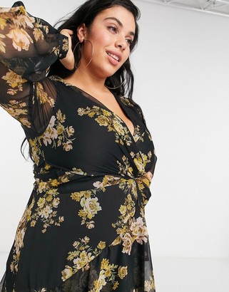 ASOS DESIGN Curve wrap waist midi dress with double layer skirt and long sleeve in floral print