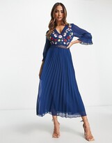 Thumbnail for your product : ASOS DESIGN lace insert pleated midi dress with embroidery in navy