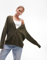 Thumbnail for your product : Topshop knitted plated boyfriend long line boucle cardigan in khaki