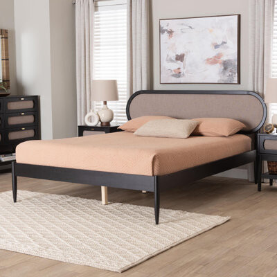 Euradell Baxton Studio Shirin Mid-Century Beige Fabric And Black Wood Queen Platform Bed