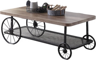 Francie Rustic Oak and Antique Gray Coffee Table with Open Bottom Shelf and Industrial Metal Wheels, Perfect for Vintage and Modern Living Spaces.