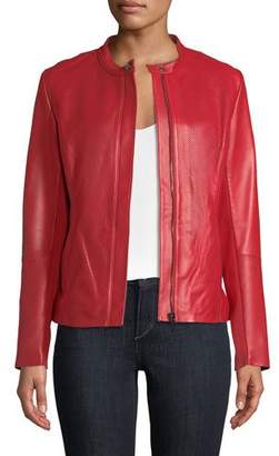 Neiman Marcus Perforated Zip-Front Leather Jacket
