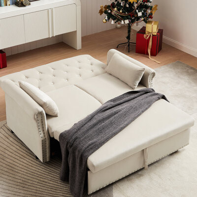 55'' Shiny Velvet Convertible Sleeper . Adjustable , 2 Lumbar Pillows. Removable Armrest. Soft Foam, Beige Velvet. For Living Room, Apartment, Bedroom