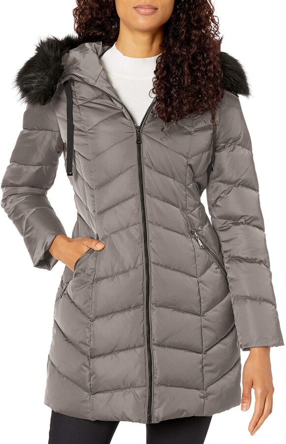 tahari faux fur trim hooded bib zip puffer jacket