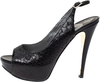 Gina Black Python Embossed Leather Peep Toe Platform Slingback Sandals Size 38.5