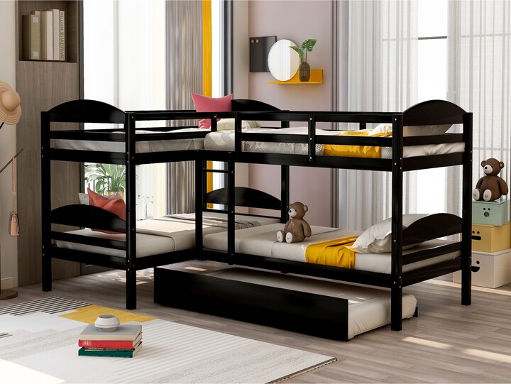 IGEMAN Twin LShaped Bunk Bed with Trundle, Solid Wood Bunkbeds with
