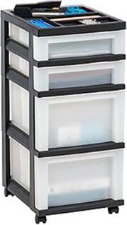 Plastic Drawer Storage Organizer Rolling Cart, with Wheels Casters, 4-Drawers, Top Organizer for Small Parts(Black/Pearl)