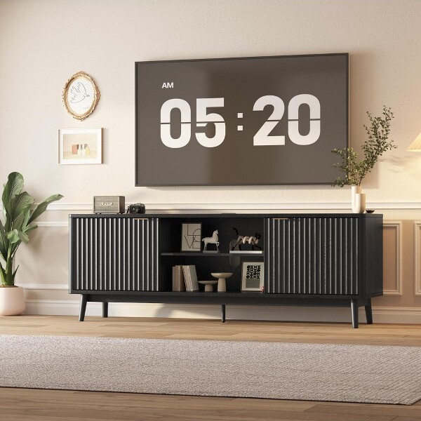 WARMTOBABY Modern63''TVStandwithPowerOutletsEntertainmentCenterwithAdjustableShelfStorageCabinetTVConsoleTableforLivingRoomBlack