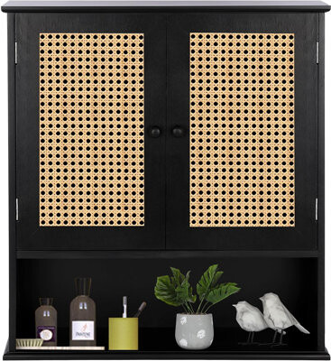JES ENTERPRISES Black Rattan Wall-mounted Medicine Cabinet, Over-toilet Storage Hanging Cabinet For Bathroom, Kitchen & Laundry