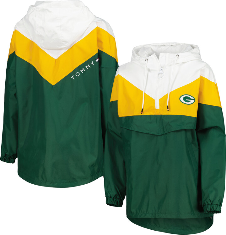 Tommy Hilfiger Women's White/Gold Green Bay Packers Staci Half-Zip Hoodie Windbreaker Jacket