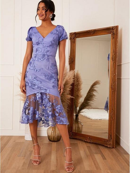 Chi Chi London V Neck Puff Sleeve Embroidered Bodycon Midi Dress