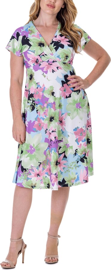 24seven Comfort Apparel Floral Print V Neck Empire Waist Kimono Cap Sleeve Knee Length Dress