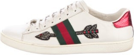 Gucci Leather Low Top Sneakers White Web Accent Beaded & Crystal Accents Round-Toes Lace-Up Closure at Uppers Includes Dust Bag Designer