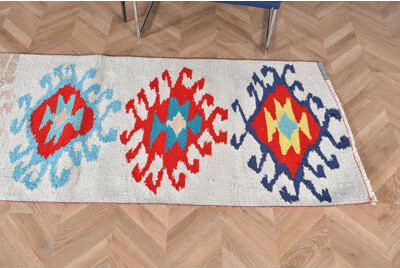 Foundry Select Handmade Turkish Kilim Runner With Vibrant Red And Blue Geometric Patterns For Bohemian Home Decor