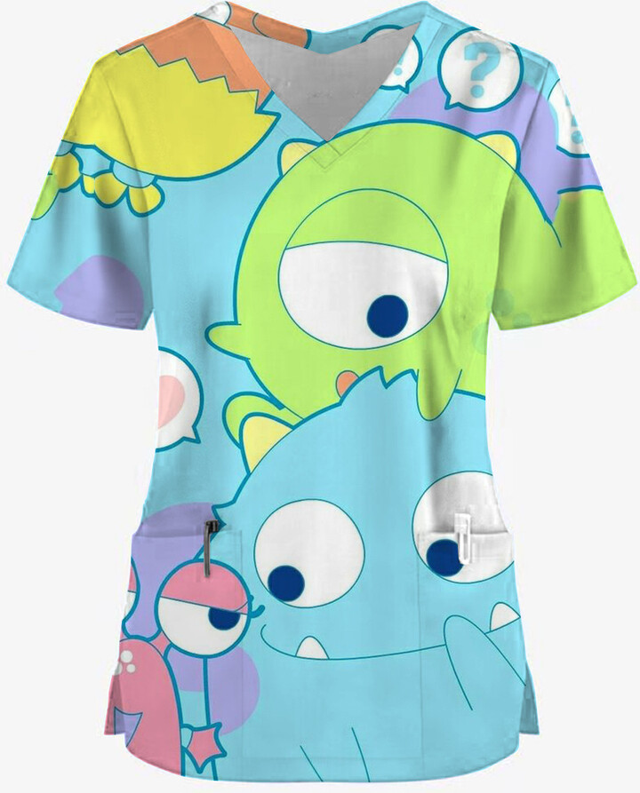 Miniso/Name Excellence Superior Products Disney Toy Story print Plus Size V-Neck Tops Pockets Women Working Uniform Nurse Femme Blouse Medical Uniforms Shirts