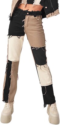 Trieksull Women's Patchwork Pants Hight Waist Distressed Straight Wide Leg Denim Jeans Fashion Pencil Trousers (XL