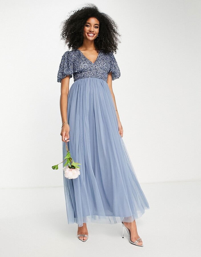 Beauut Bridesmaid sequin embellished maxi dress with tulle skirt in dark  blue - ShopStyle